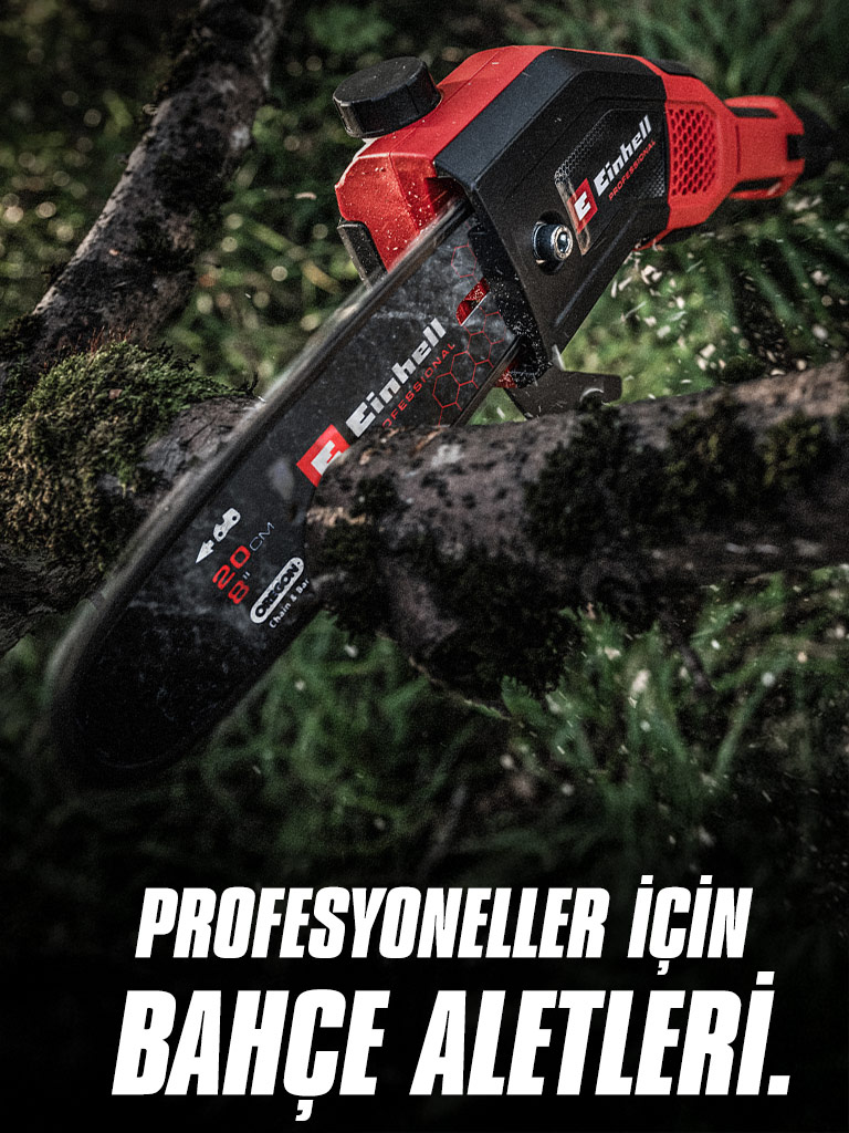 A red cordless chainsaw cuts through a branch, with the text "Garden Tools for Pros".