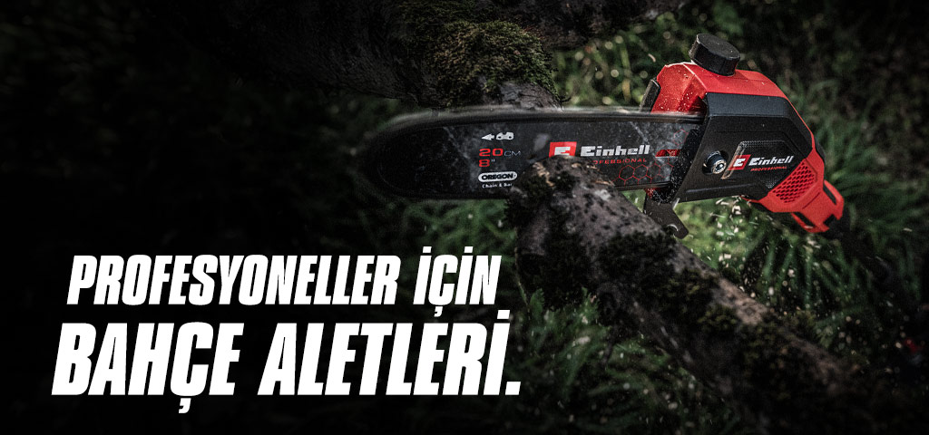 A red cordless chainsaw cuts through a branch, with the text "Garden Tools for Pros".