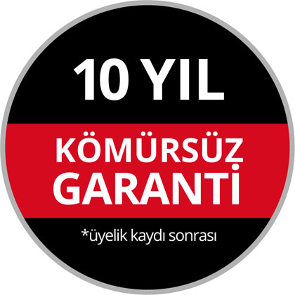 Round Warranty Logo with the text "10-Year Brushless Warranty, upon Online Registration" on a black and red background.